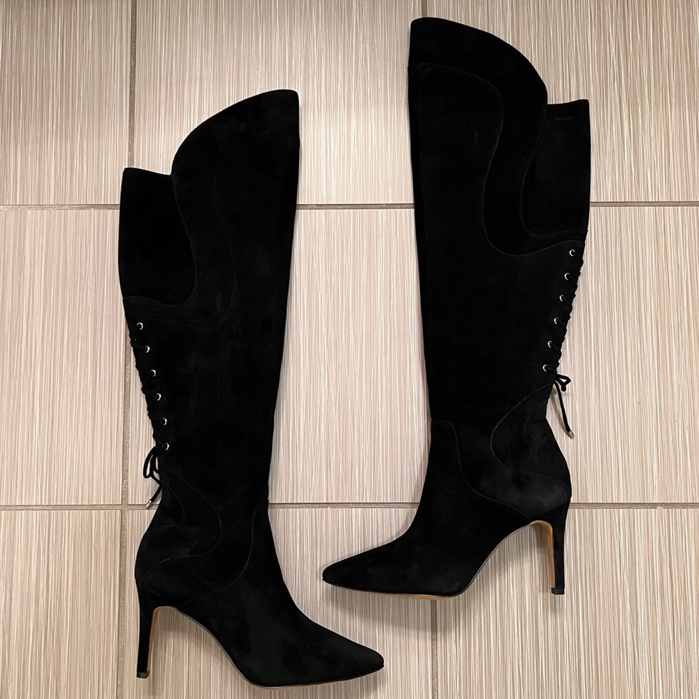 Adrienne Vittadini Over The Knee Black Suede Leather Boots 6 stiletto heel ties